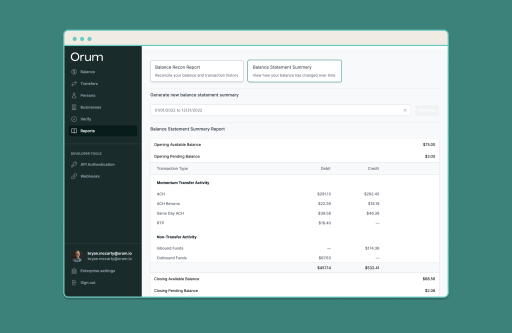 balance statement summary in the Orum Portal